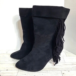 Torrid 8.5 Black Fringe High Heel Boots Zip-Up Excellent Condition